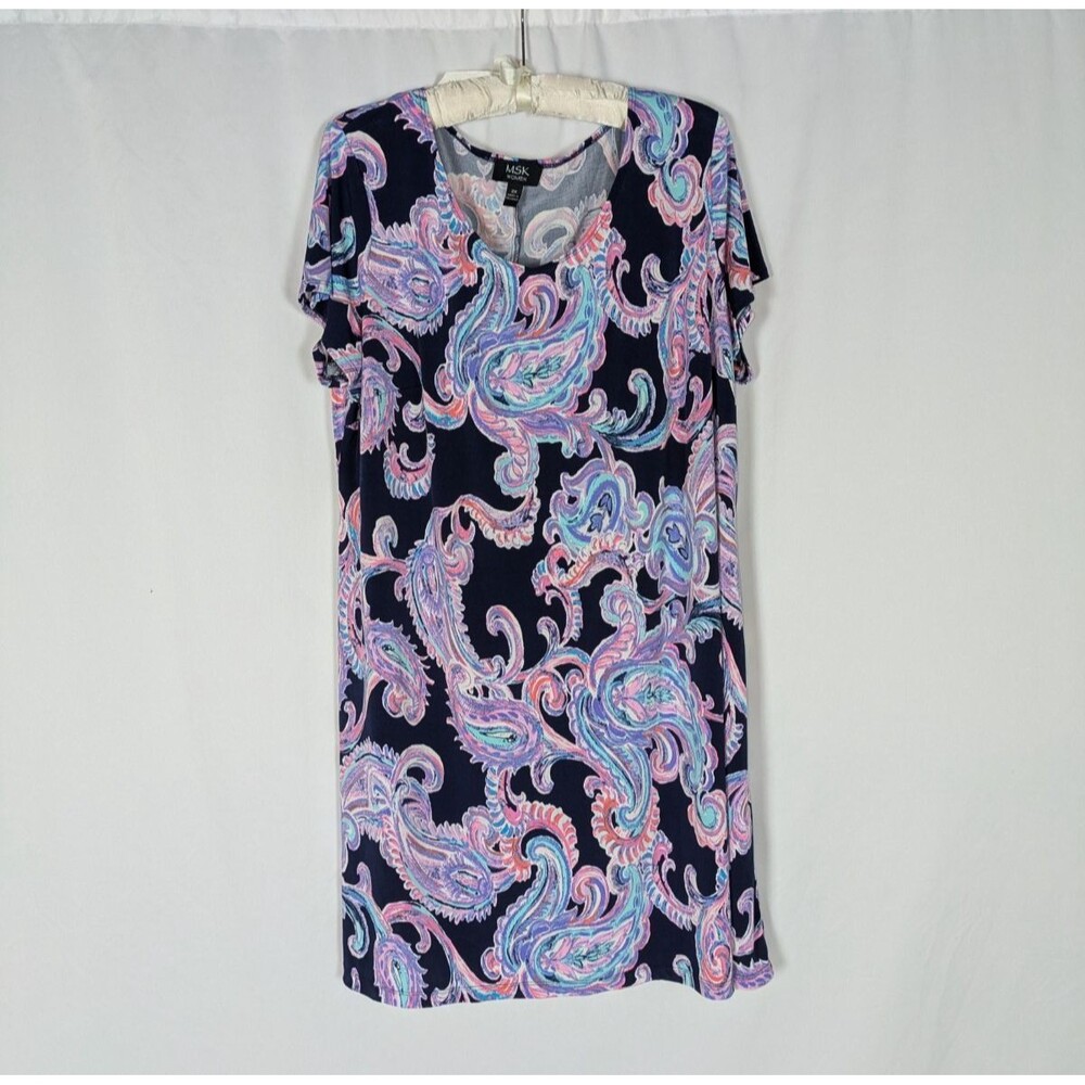 MSK Dress 2X Women's Blue Paisley Short Sleeve Jersey Tshirt Scoop Neck Casual